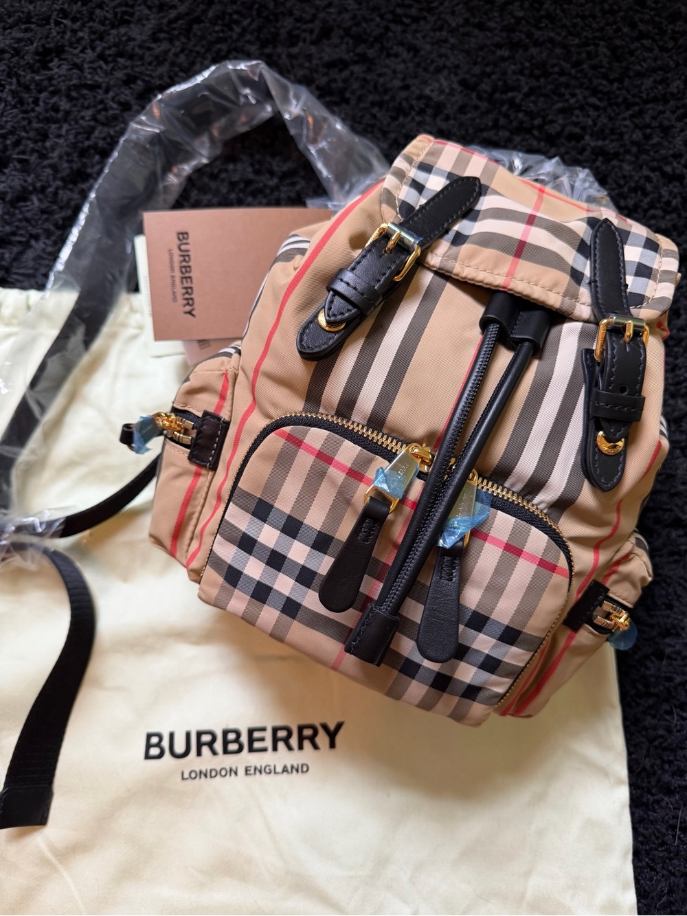Burberry Classic Beige Check Backpack with Black Trim